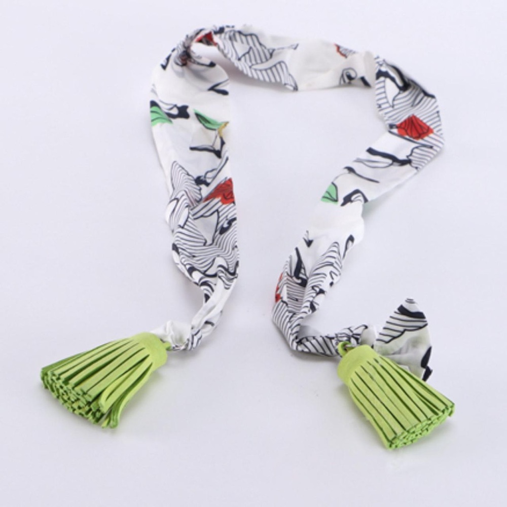 Summer vibe tassel scarf | Green floral graphic suede leather fringe wrap - Picture 2 of 4